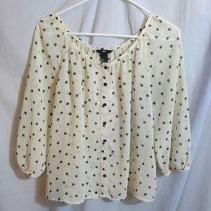 H&M Beige Black Dot Blouse Top 3/4 Slv Sz 4